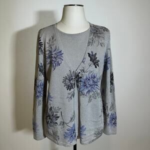 Alfred Dunner Gray Floral Glitter Long Sleeve Layered Blouse Womens Size Small S